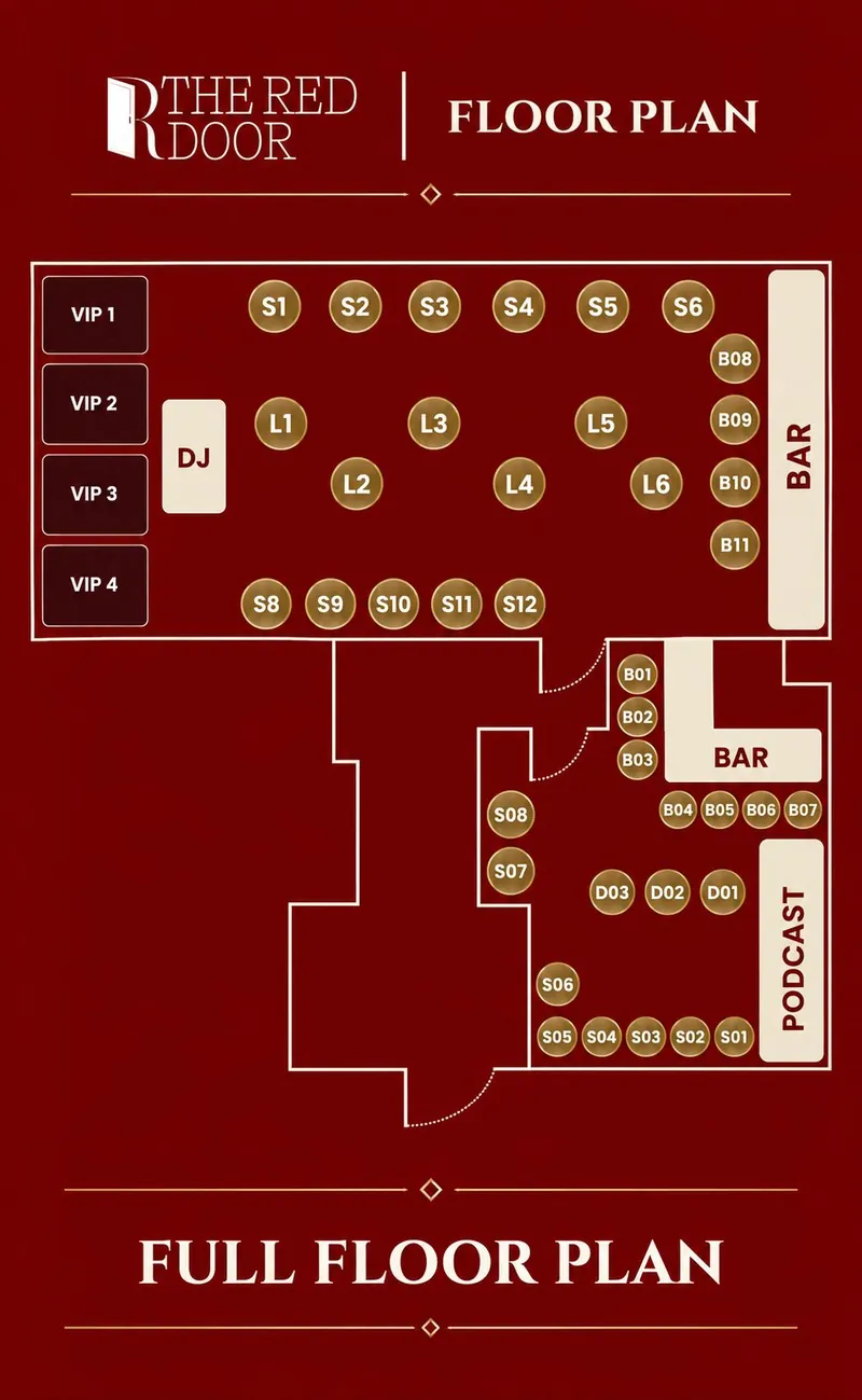 Floor plan of Red Door: VIP rooms, DJ, main room seating, lounge and podcast area