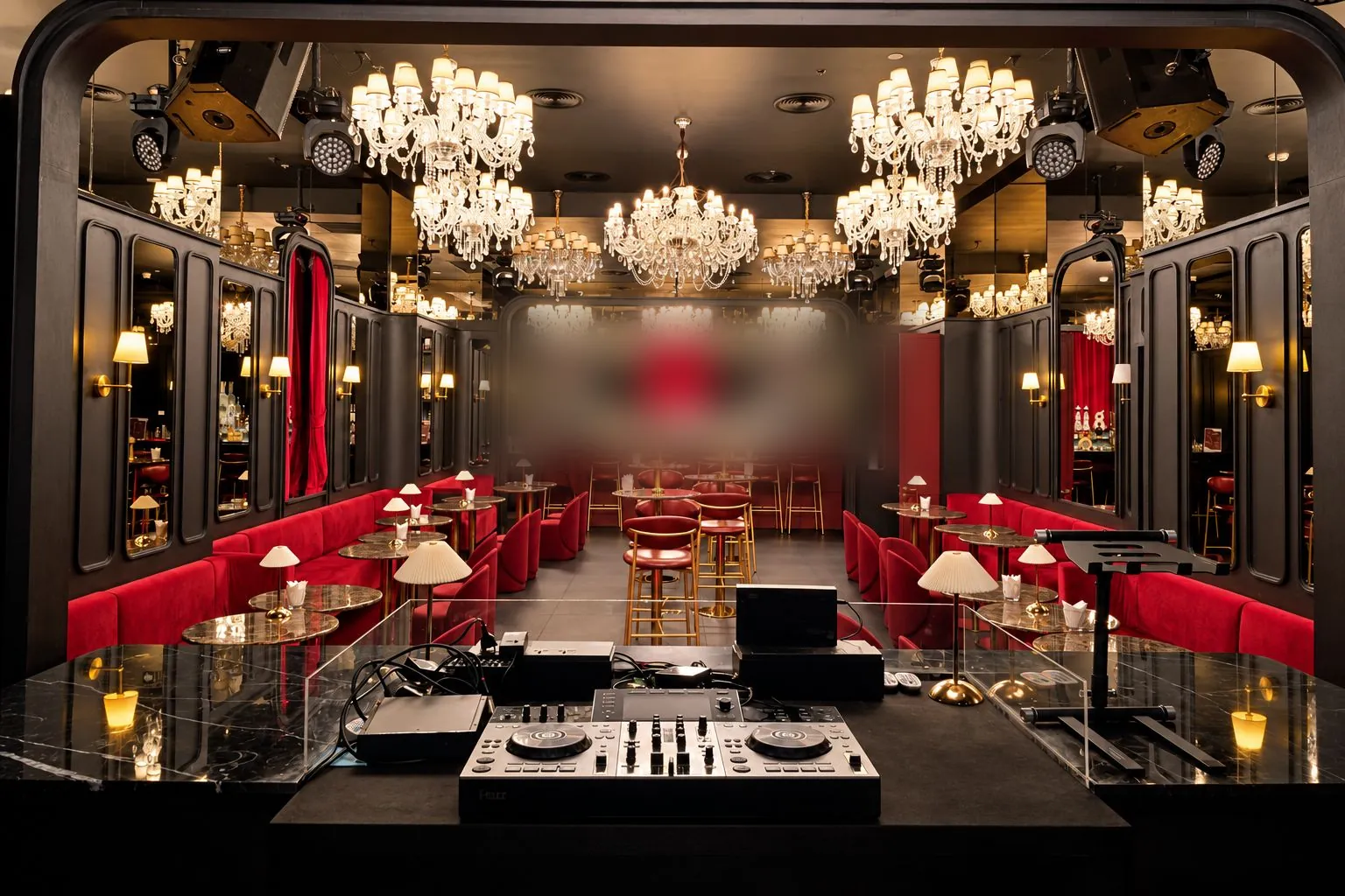 The main room under crystal chandeliers, seen from the DJ booth, with red velvet seating